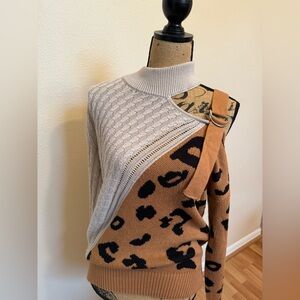 Leopard cold shoulder strap sweater